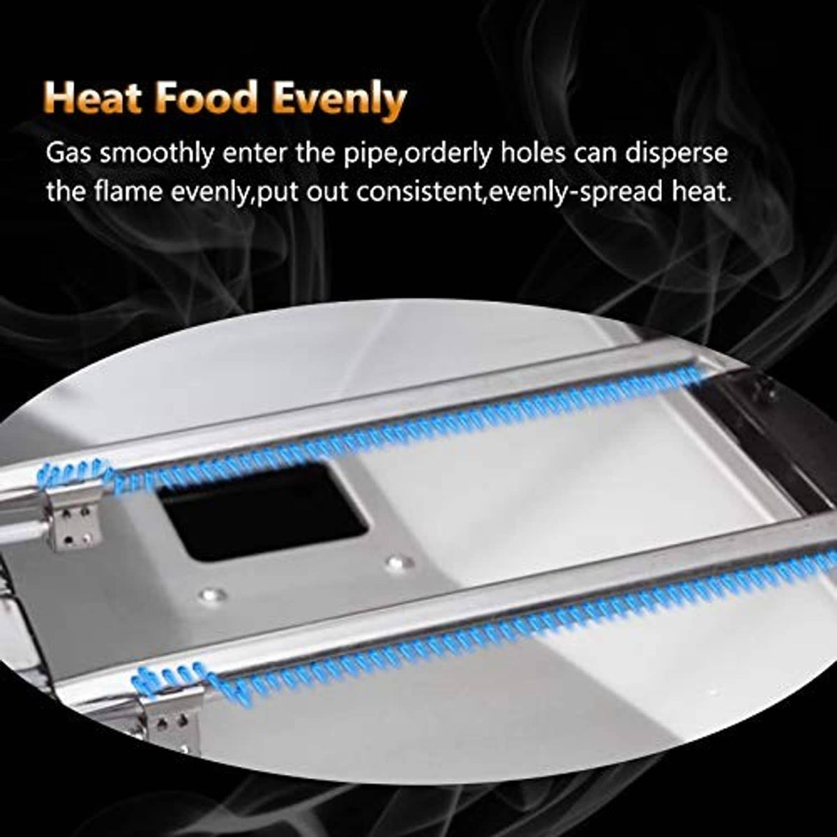 Stainless steel burner surface with blue heat channels and vent holes