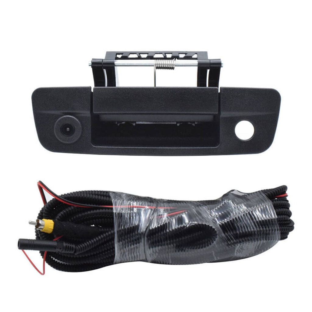 Rear tailgate handle backup camera with black bezel and camera lens, plus wiring harness