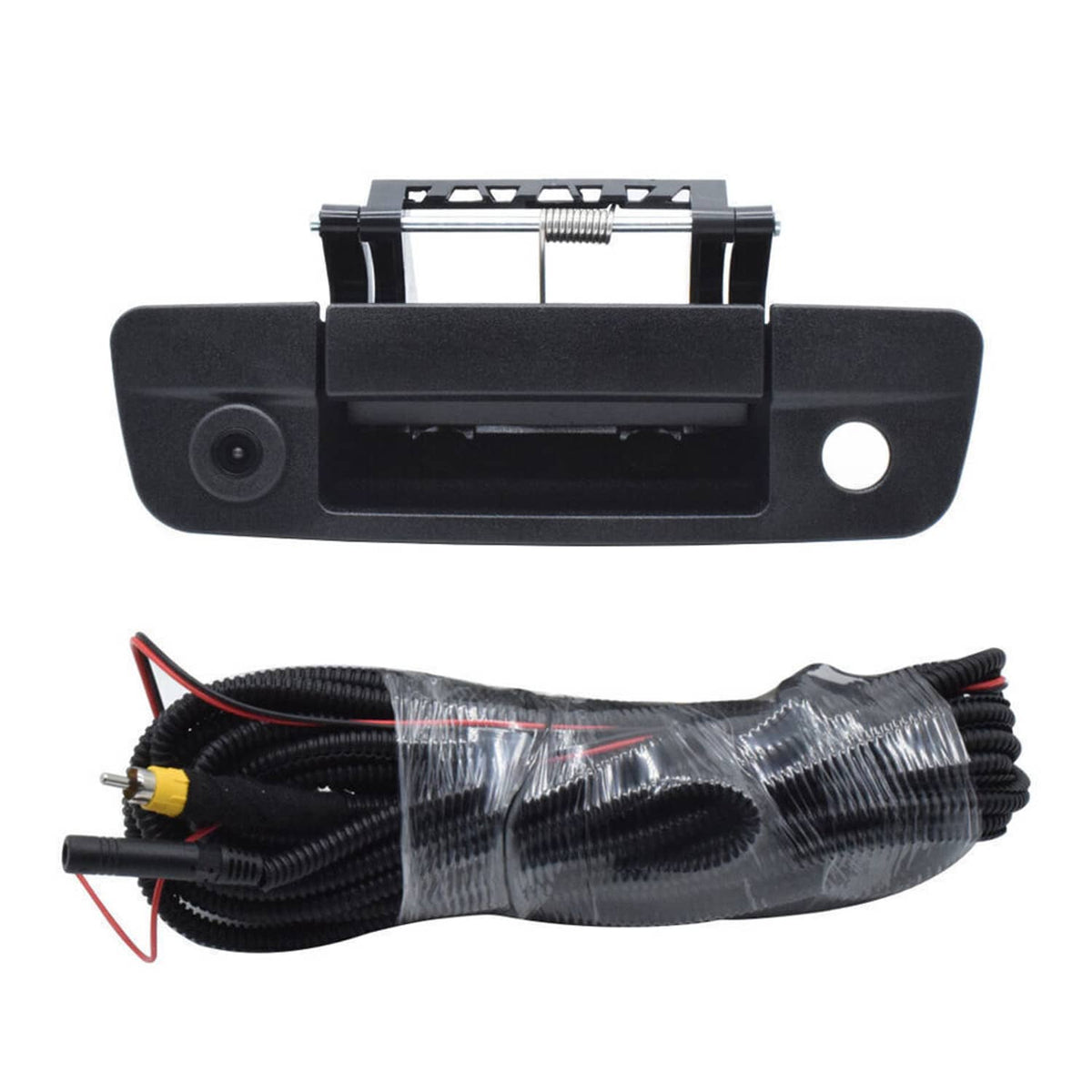 Rear tailgate handle backup camera with black bezel and camera lens, plus wiring harness