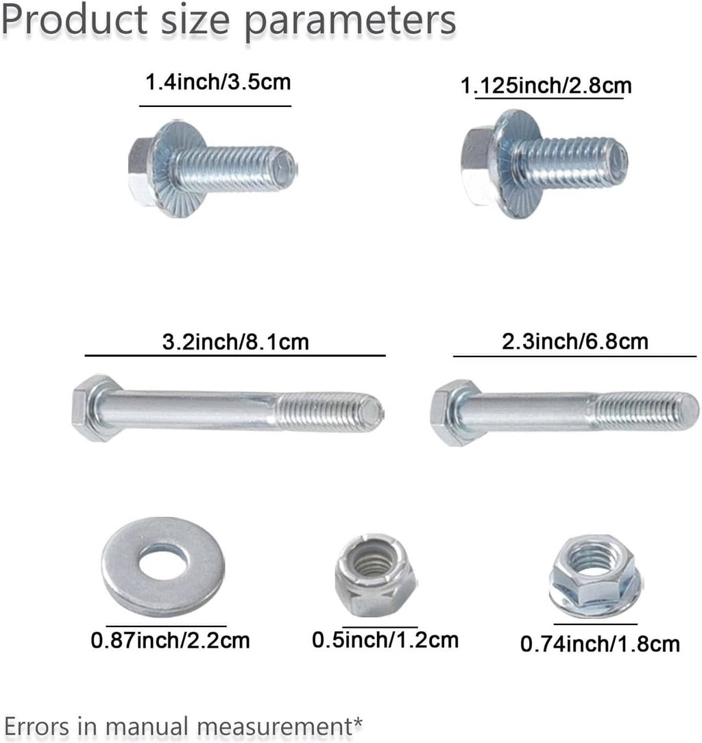 Hardware size chart with bolts and washers measurements for transmission bracket kit