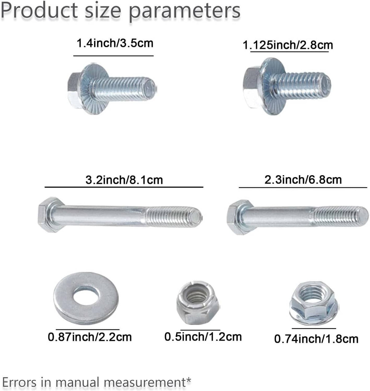 Hardware size chart with bolts and washers measurements for transmission bracket kit