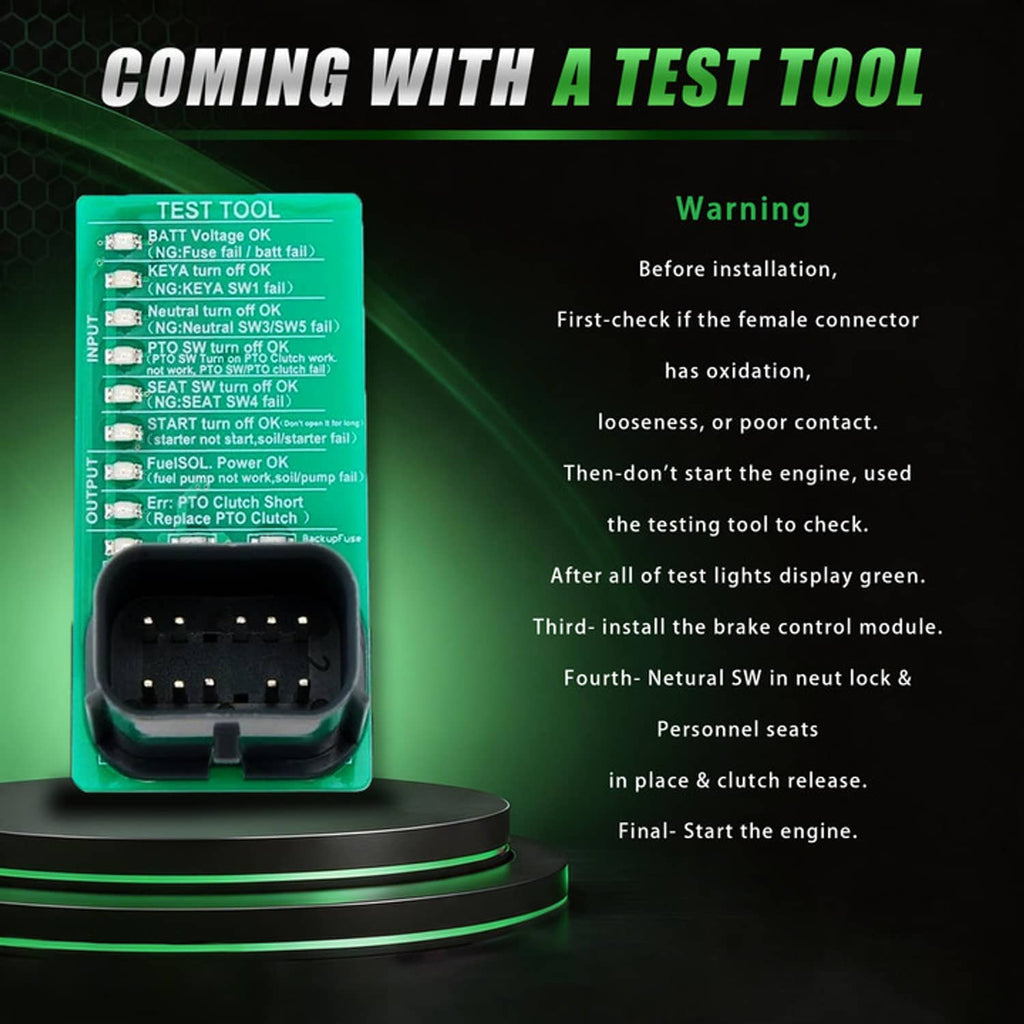 Brake control module shown with a test tool adapter and warning label