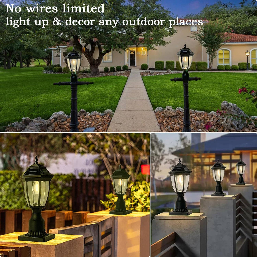 Outdoor solar post lantern lights with clear glass shades on dark metal bases
