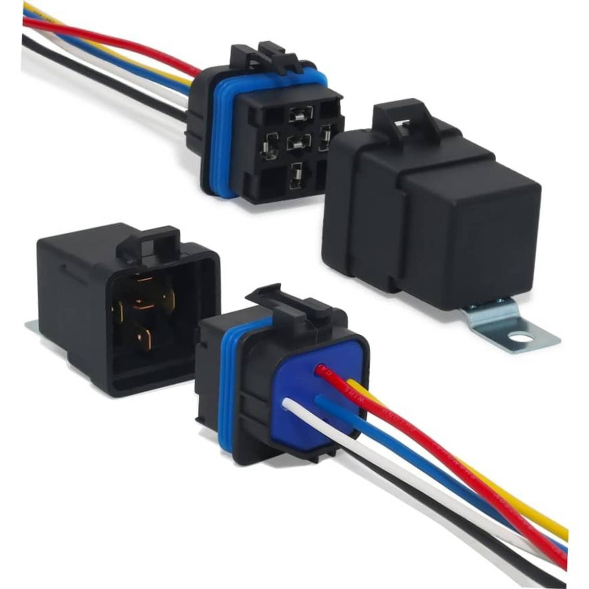Power trim tilt relay with multiple wire leads and mounting tab, black housing