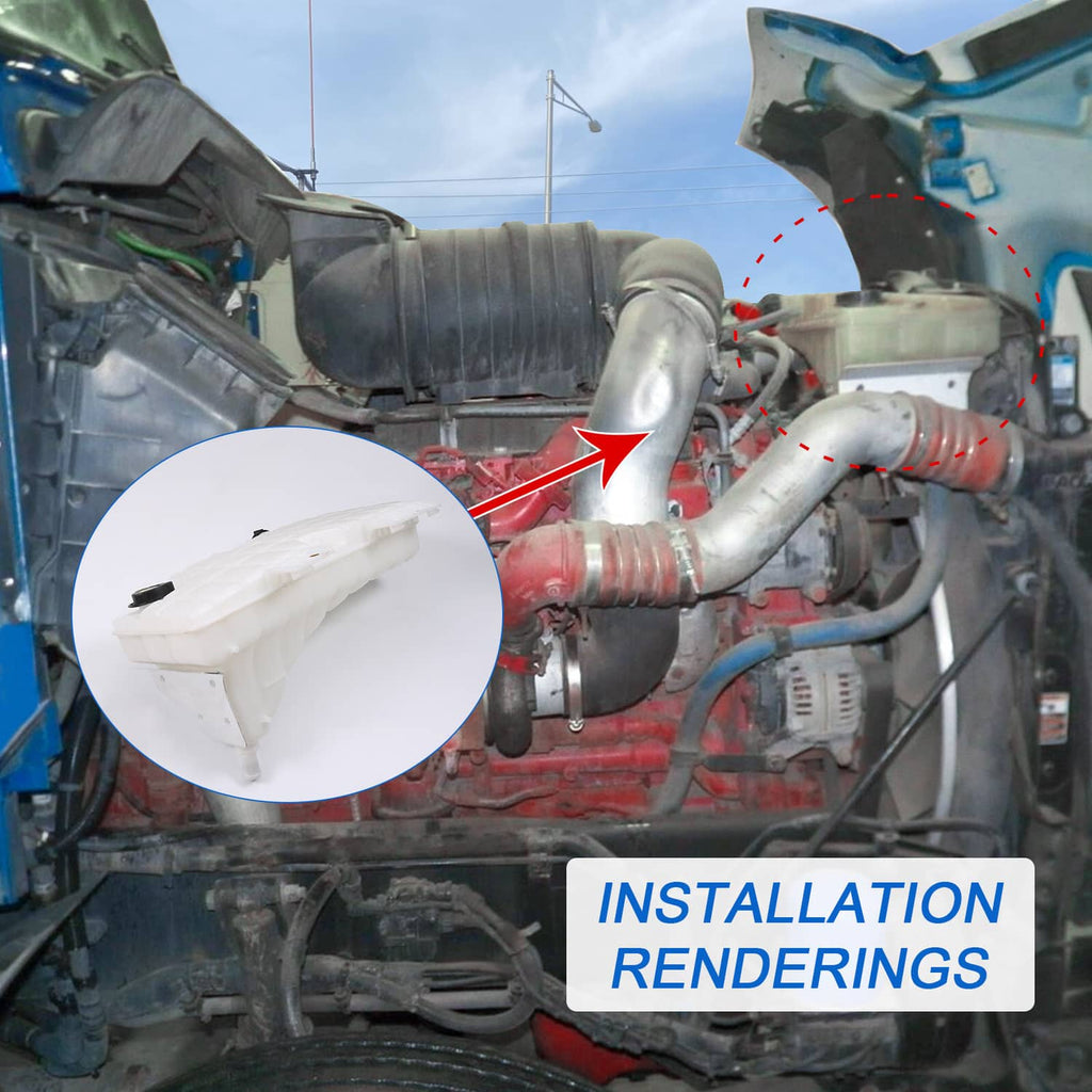 Coolant reservoir tank shown with vehicle engine bay fitment detail