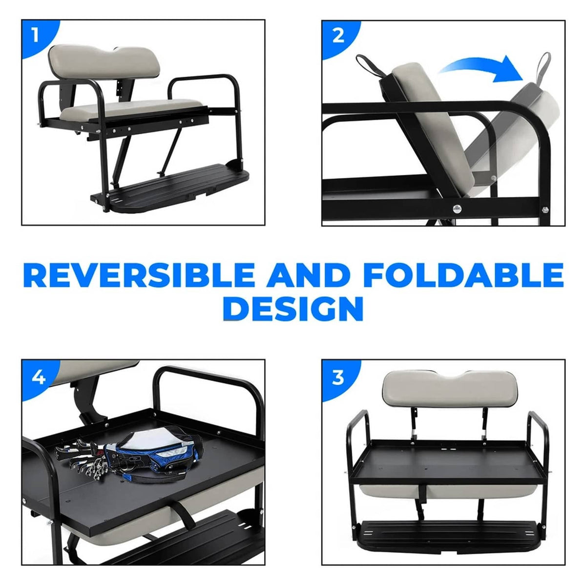 Golf cart rear flip seat kit reversible foldable design with gray padded seatbacks