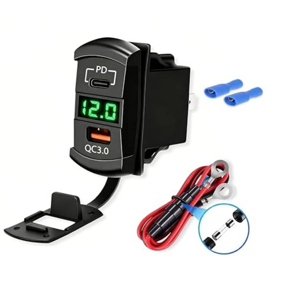 Dual-port USB rocker charger with green LED display and mounting base