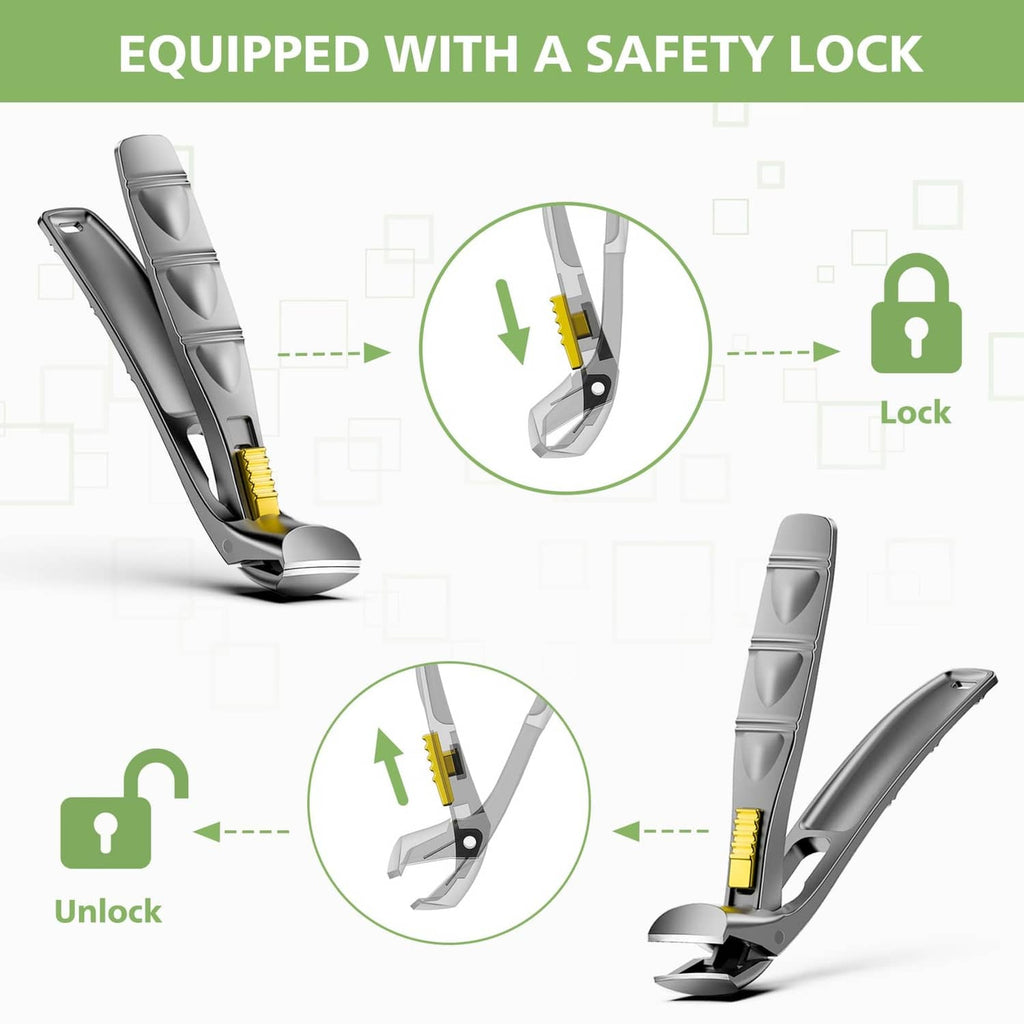 Ergonomic silver nail clipper with safety lock mechanism and yellow spring
