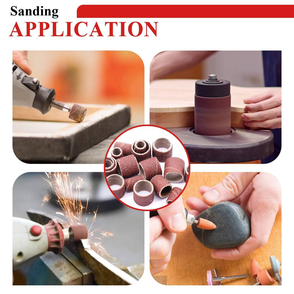 Sanding drums application set showing mounted drums and hand use for wood shaping