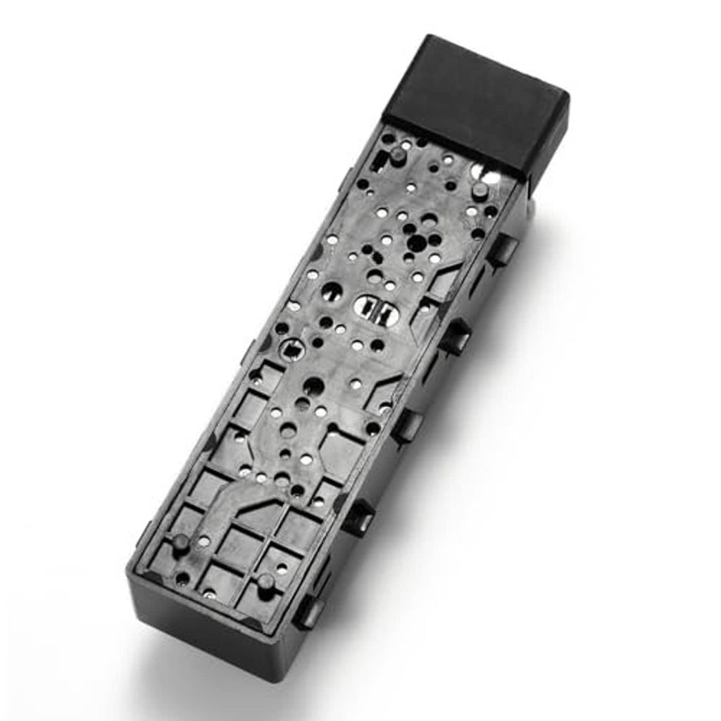 Power seat switch rear housing with exposed circuit contact plate and black plastic frame