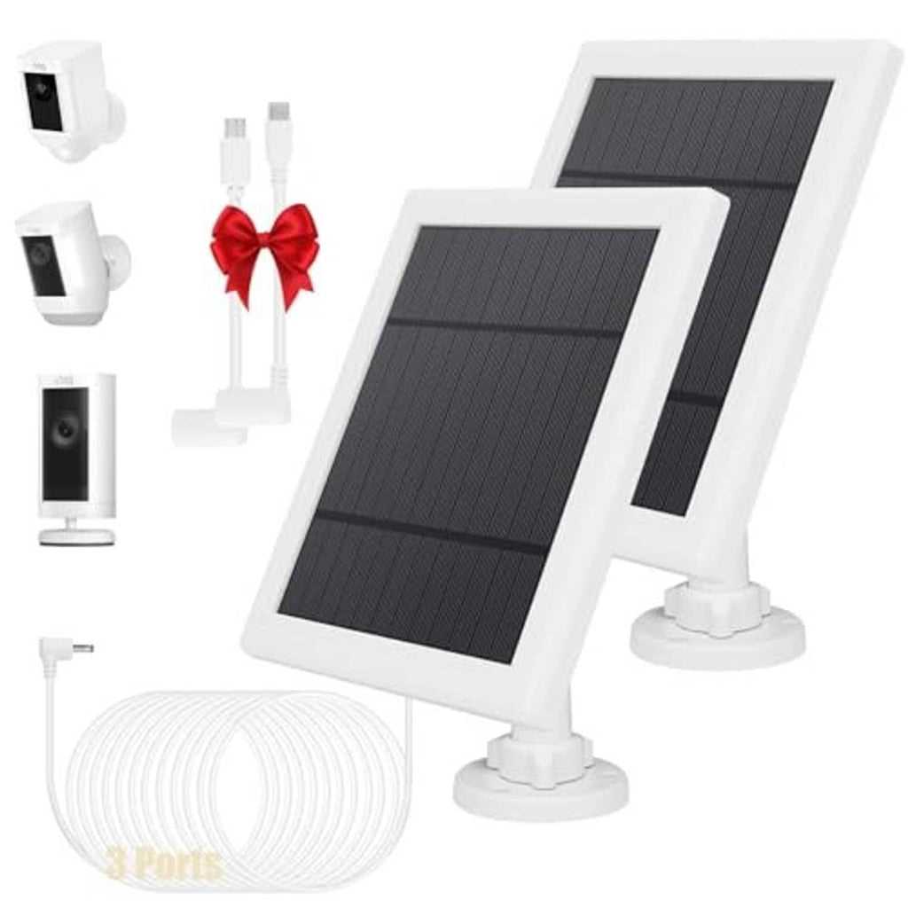 White solar panel charger with angled dark solar panel, base mount, and included cable
