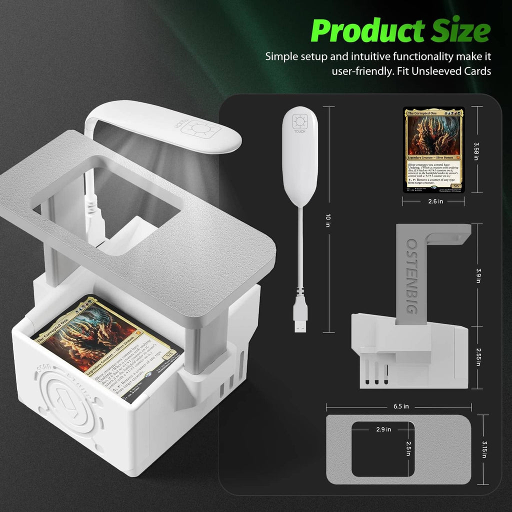 White MTG card scanner stand with dimensions view and mounted card holders