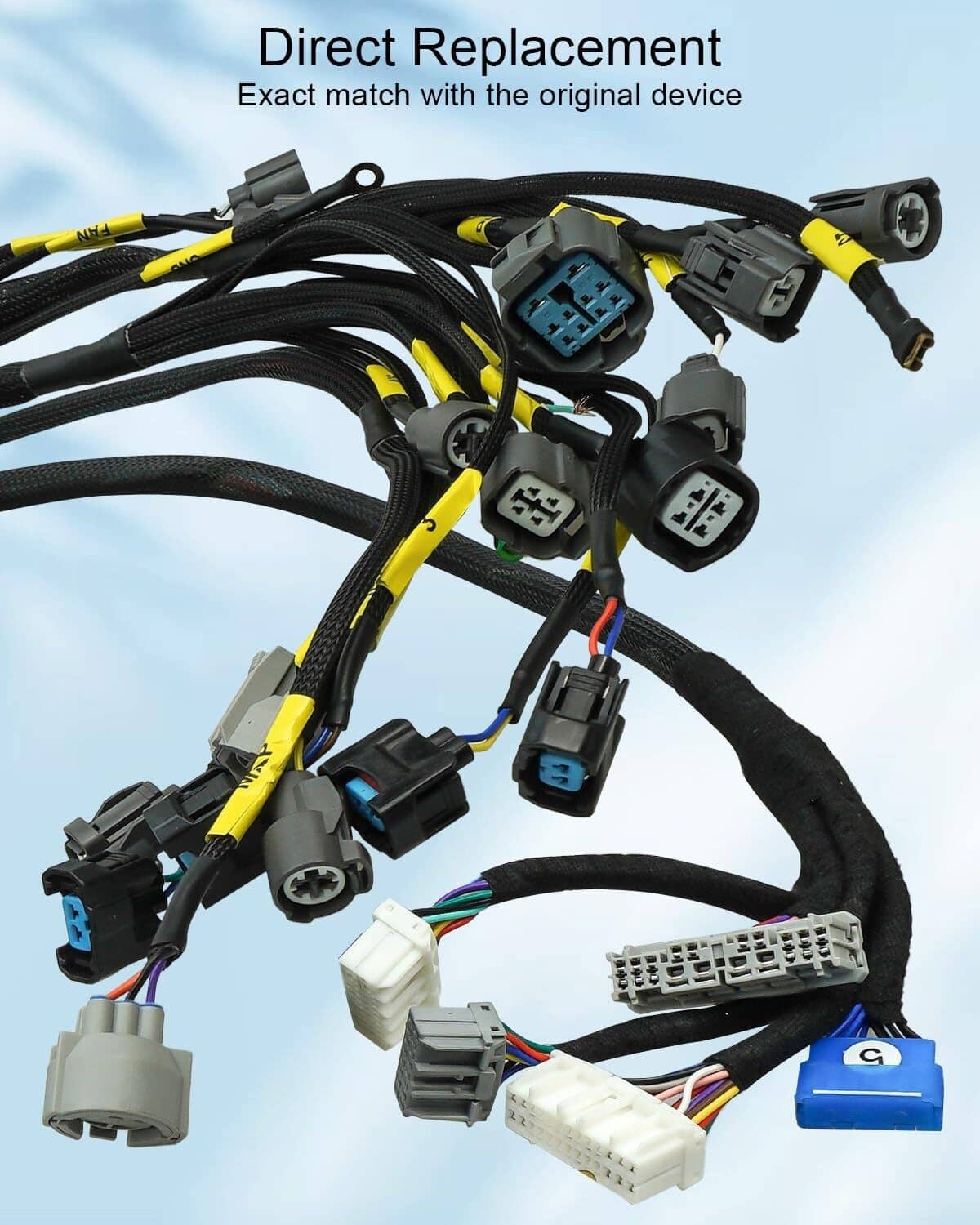Engine wire harness with black braided loom and matching grey and black sensor connectors
