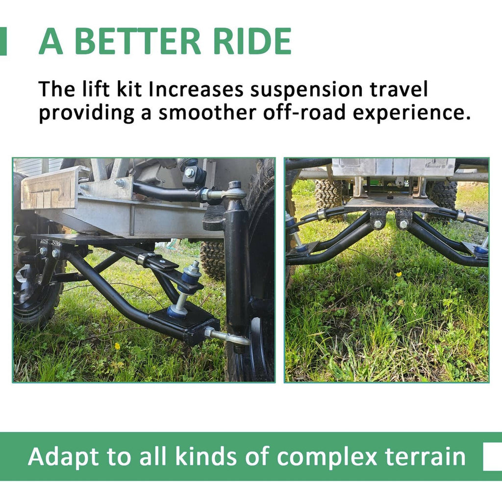 Golf cart lift kit A-arm and rear leaf spring brackets pictured side-by-side