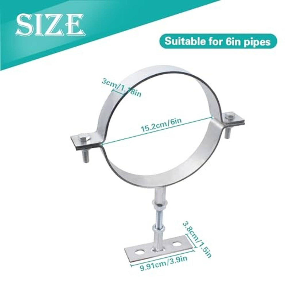 Adjustable galvanized split-ring brackets sized for 6 in pipes, with mounting base.