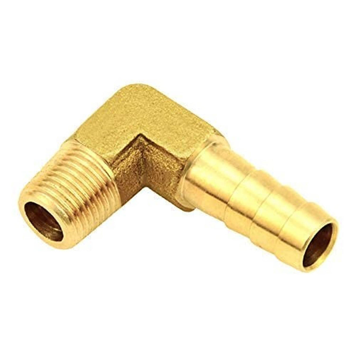 Brass 90-degree elbow hose fitting with male NPT thread end and matching hose barb