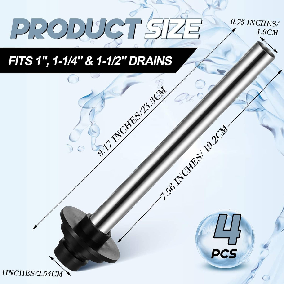 Sink overflow pipe, silver stainless steel tube with black rubber fittings