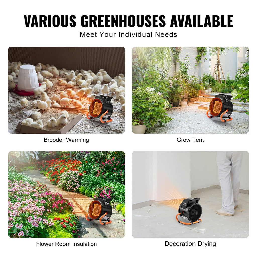 Greenhouse heater shown for brooder warming, grow tent, flower room, and decoration drying