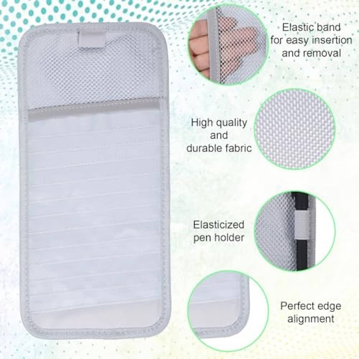 Gray CD storage case with mesh texture, elastic band pen holder, and aligned edges