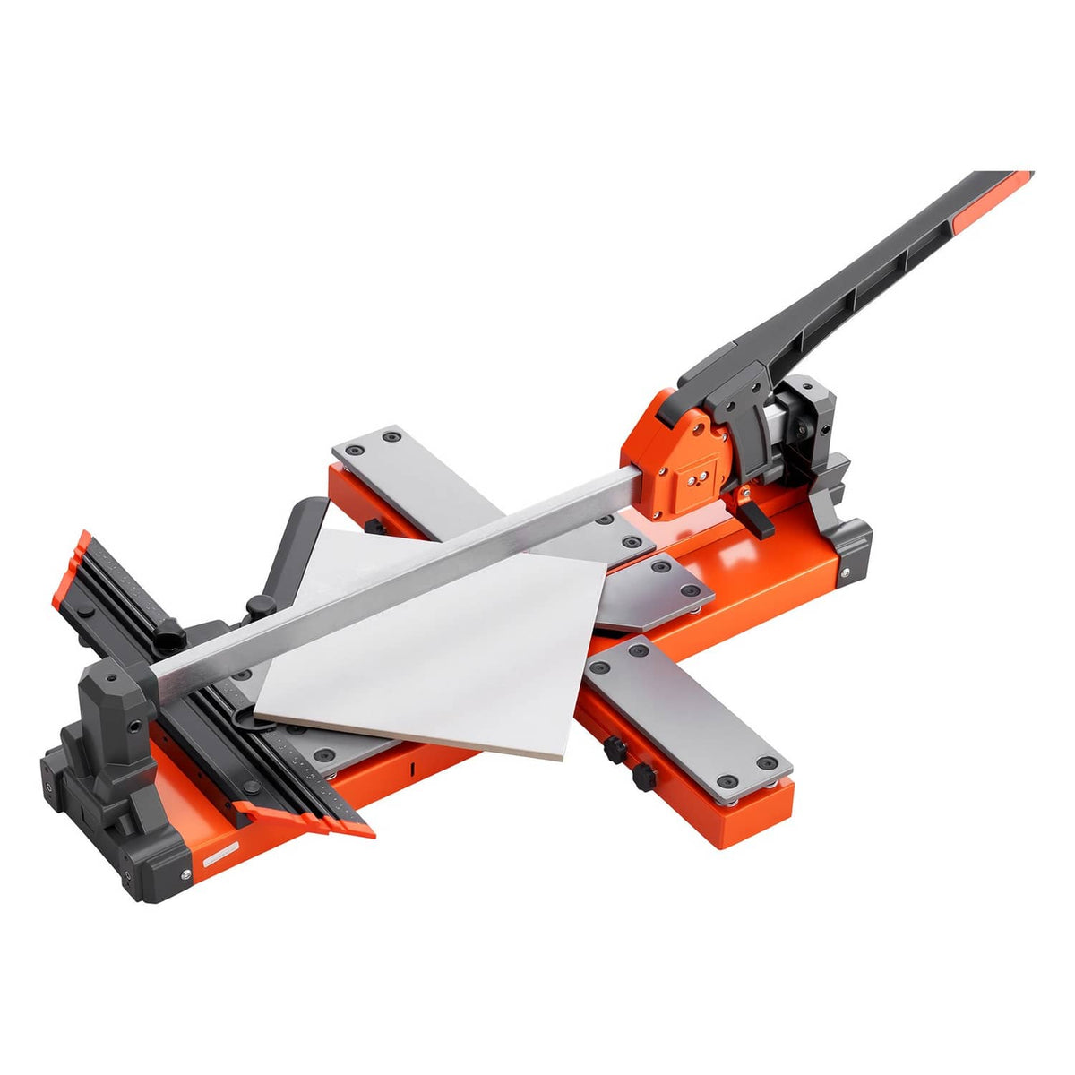 Manual tile cutter with orange base, white platform, spring action and angle guide