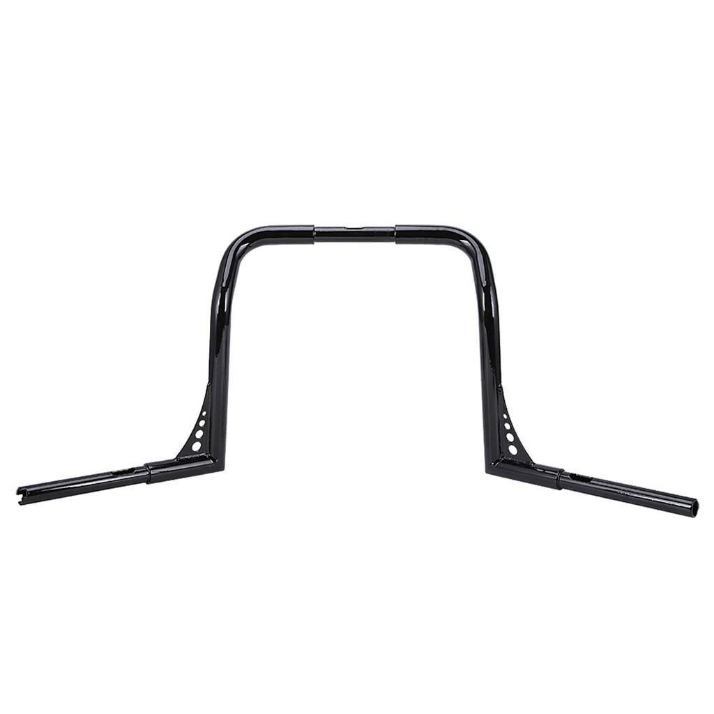 Black motorcycle handlebar with curved top and bracket plates on both sides