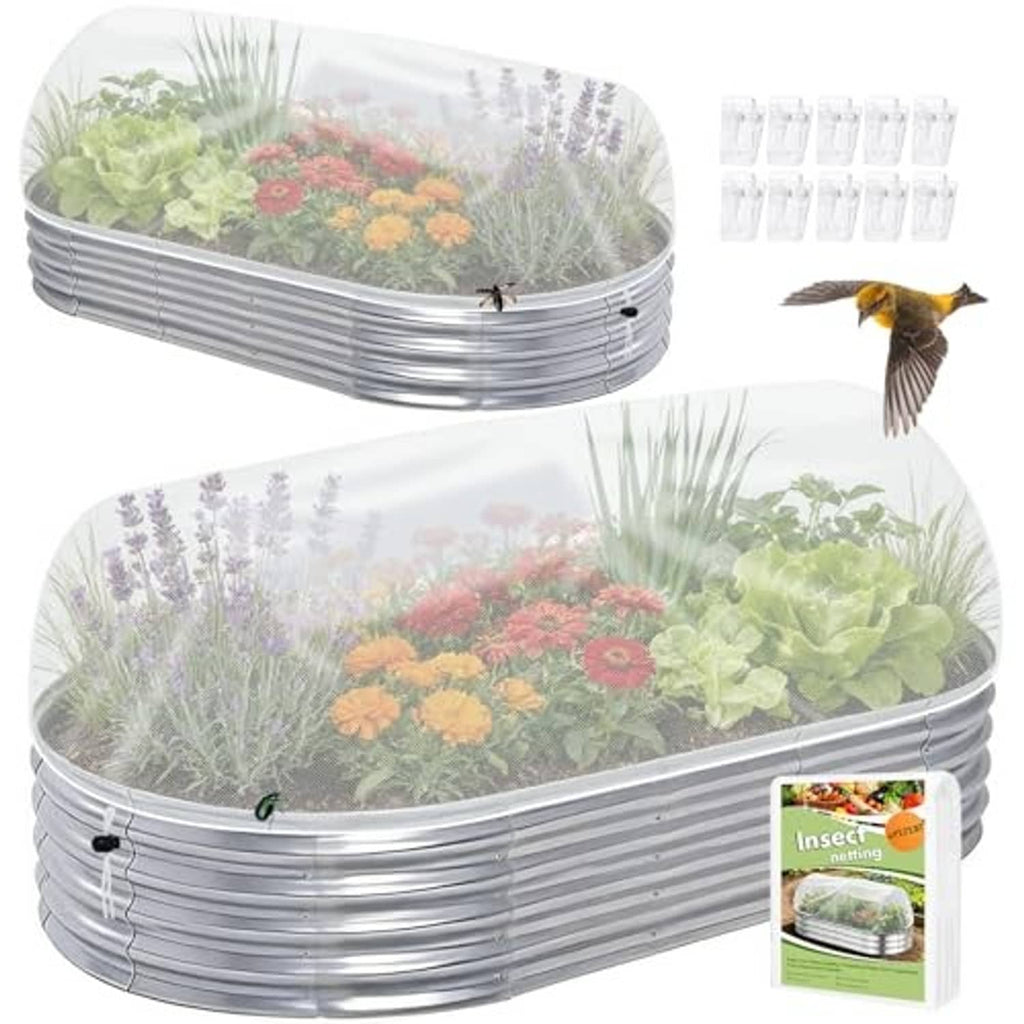 Two-piece white mesh raised bed netting set with silver metal ring frames