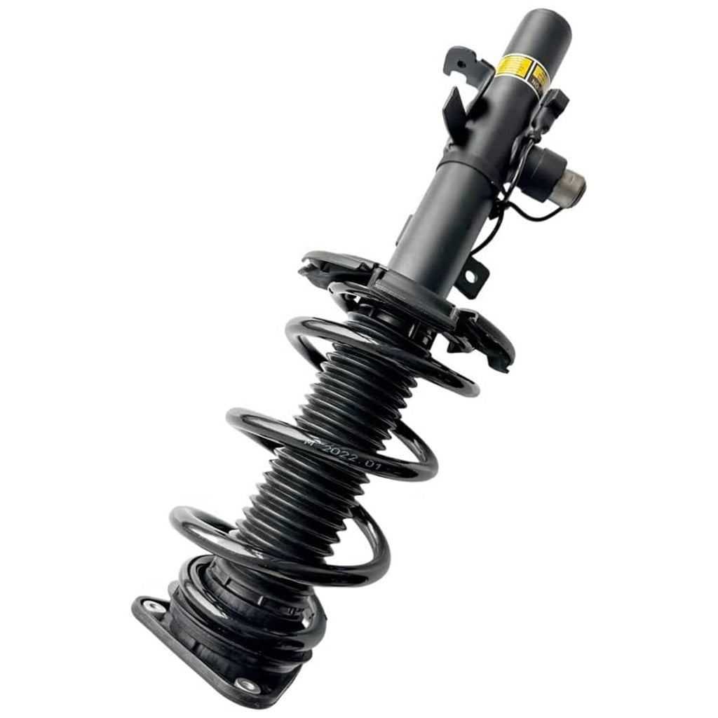 Front shock strut assembly with black coil spring and top mounting hardware