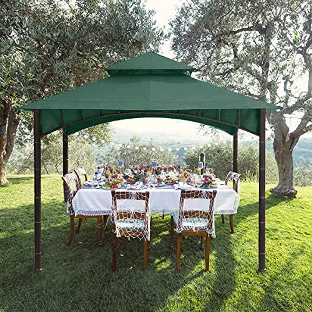 Dark green gazebo replacement canopy over outdoor dining table with arched supports