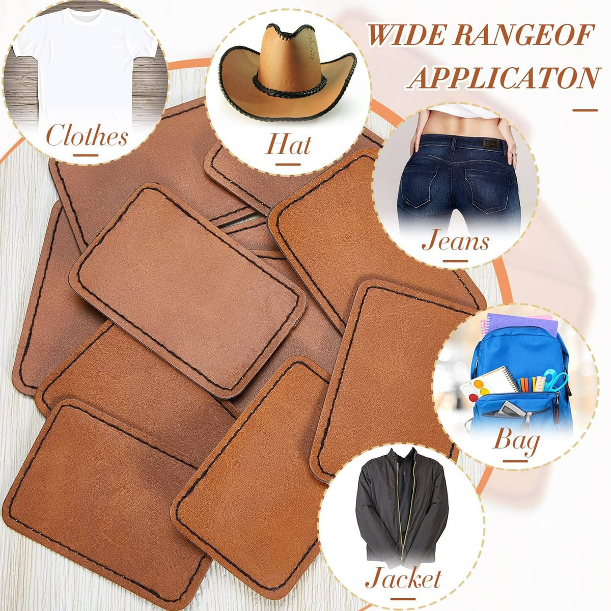 Tan blank leatherette patches, rectangular pieces with stitched edges, assorted set