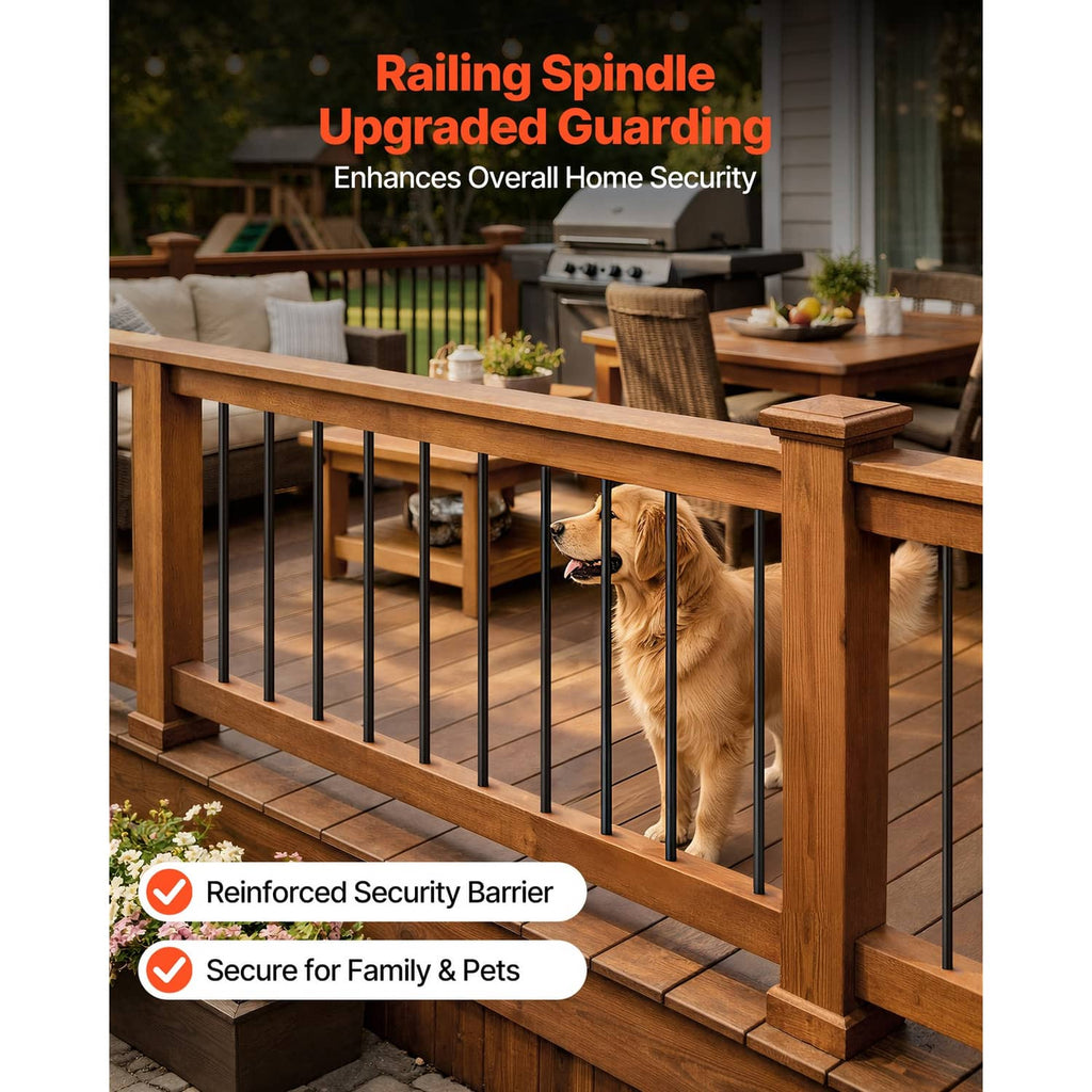 Black round aluminum deck railing balusters with vertical spindle bars and top rail