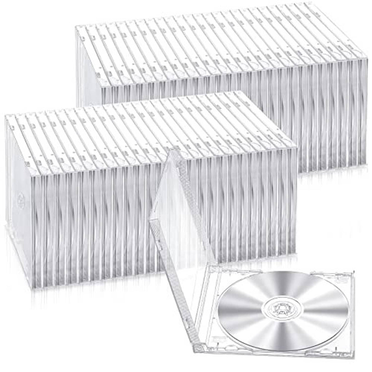 Clear single-disc CD jewel case stacks with one case open, showing disc tray