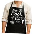 Black adjustable cooking apron with “Kiss The Cook” graphic and front pocket