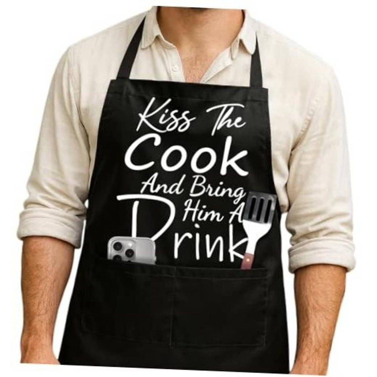 Black adjustable cooking apron with “Kiss The Cook” graphic and front pocket