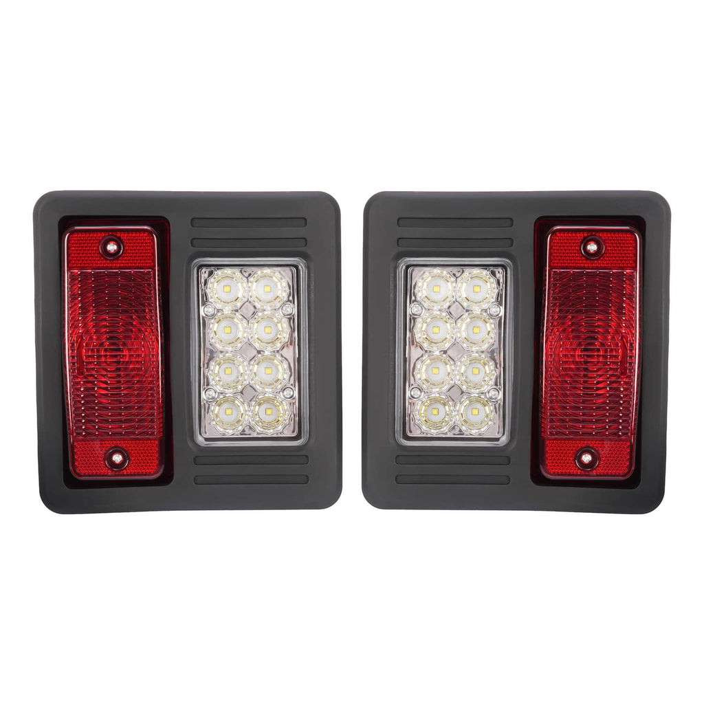 Pair of rectangular LED light modules with red side lenses and white center LED arrays in black housings