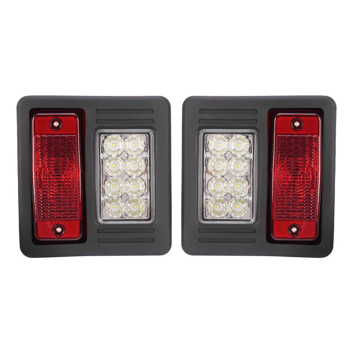 Pair of rectangular LED light modules with red side lenses and white center LED arrays in black housings