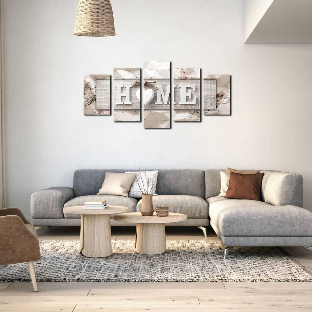 Multi-panel canvas wall art set spelling "HOME" with heart motif, beige and gray