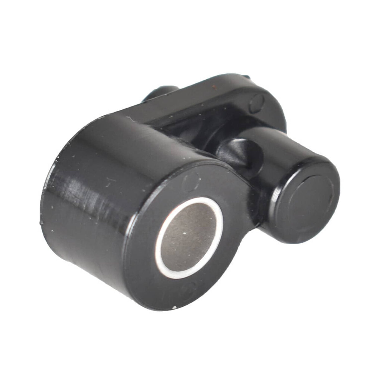 Black cylindrical engine timing component with metal end and white circular mark.