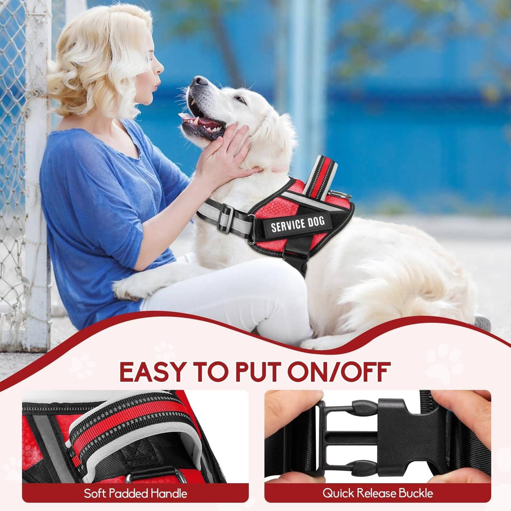 Service dog vest harness in red mesh with black straps and quick-release buckle
