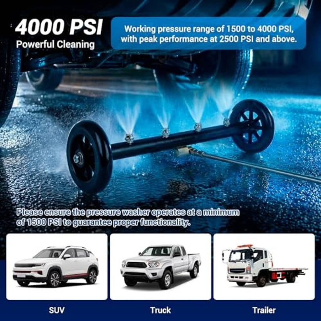 Under-car pressure washer cleaner kit with black wheeled wand spraying high-pressure water