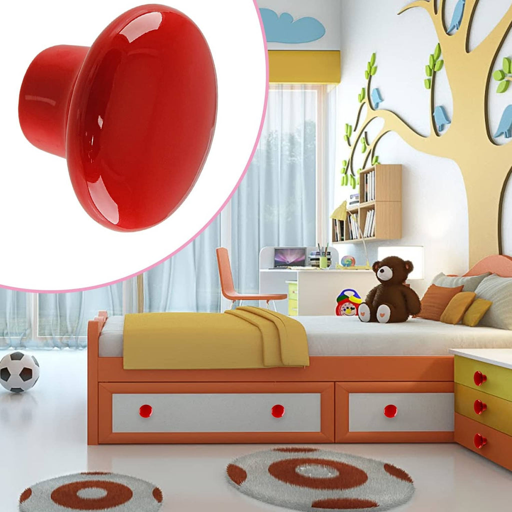 Red glossy round ceramic cabinet knob with mounting screw, curved dome top