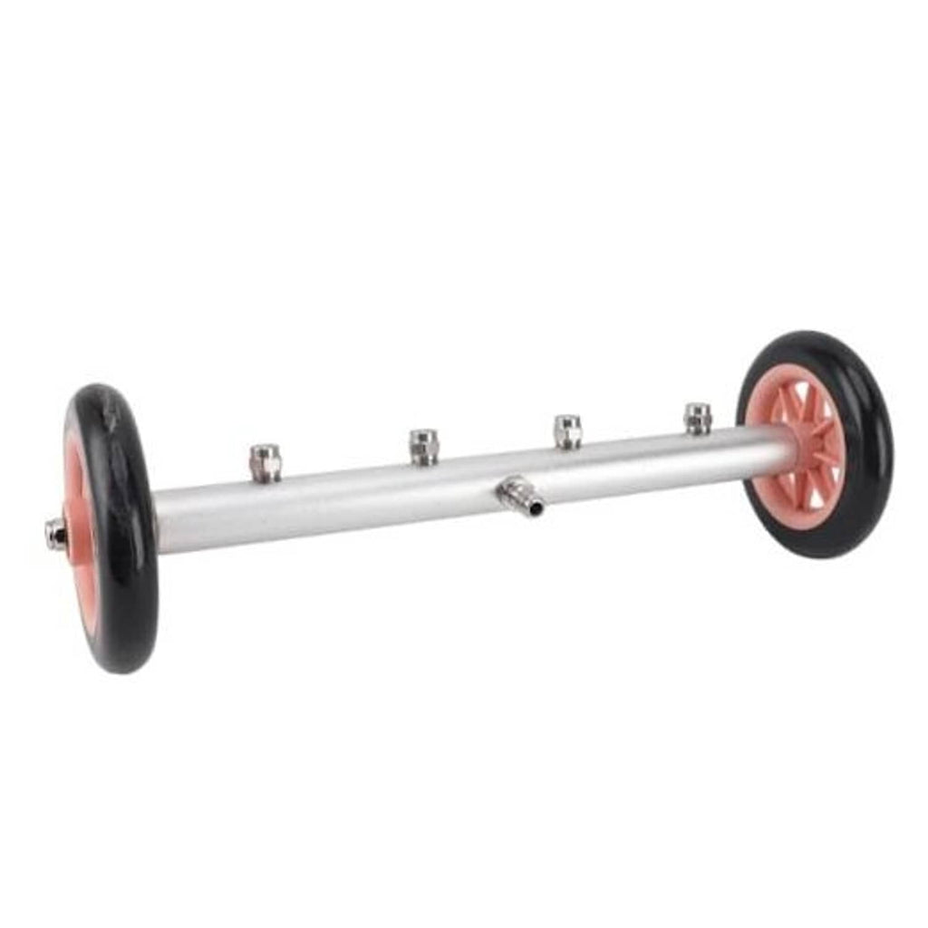 Pressure washer undercarriage attachment with silver bar and red-wheel end caps