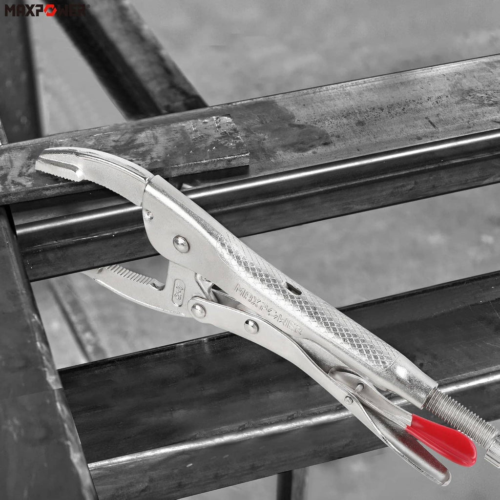 Metal locking pliers gripping a pipe with curved jaws and red handle accents