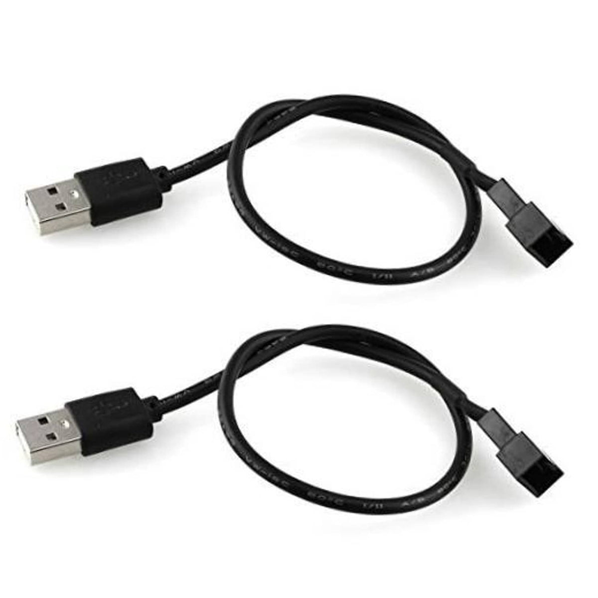 Two black USB-A to 3-pin PWM fan cables, each with USB-A and 3-pin connectors