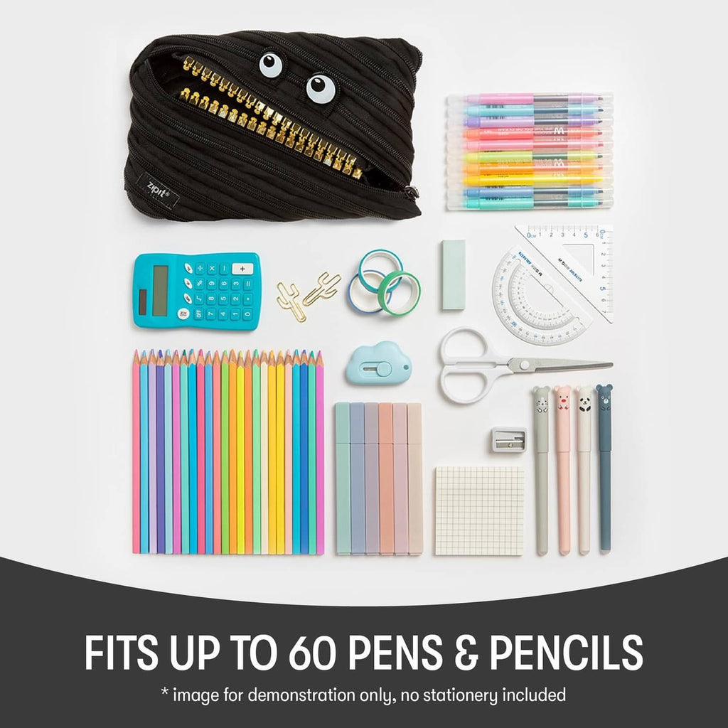Black ZIPIT pencil case pouch with two eye patches and gold-trim front zipper