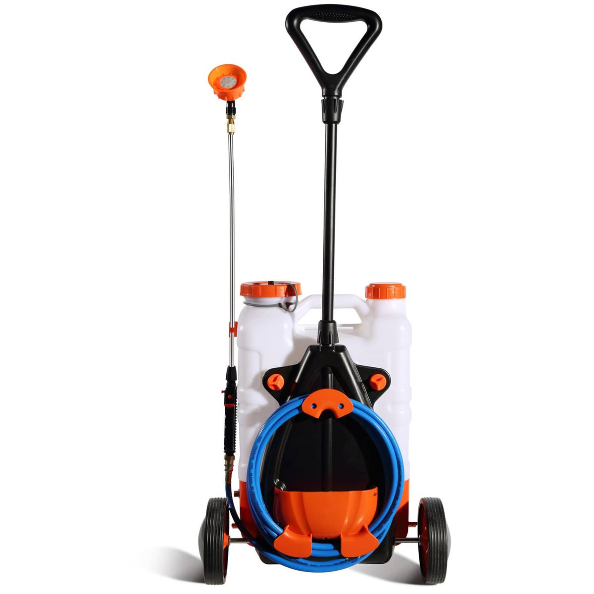 Wheeled battery sprayer with white tank and orange top, blue wheel guard, black handle and wand