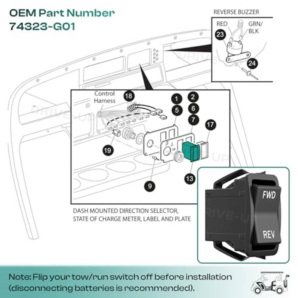 Forward/reverse rocker switch wiring diagram with FWD and REV selector