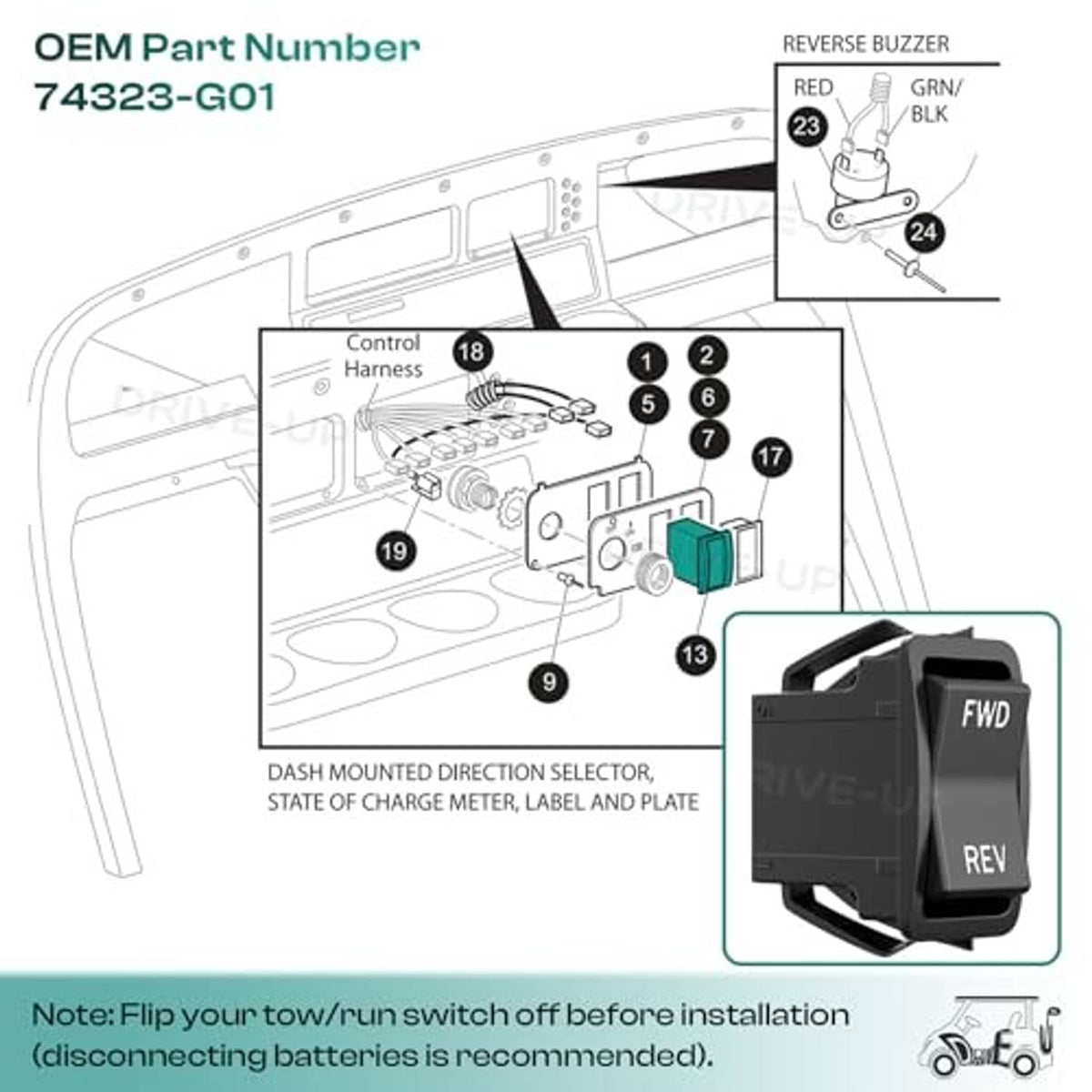 Forward/reverse rocker switch wiring diagram with FWD and REV selector