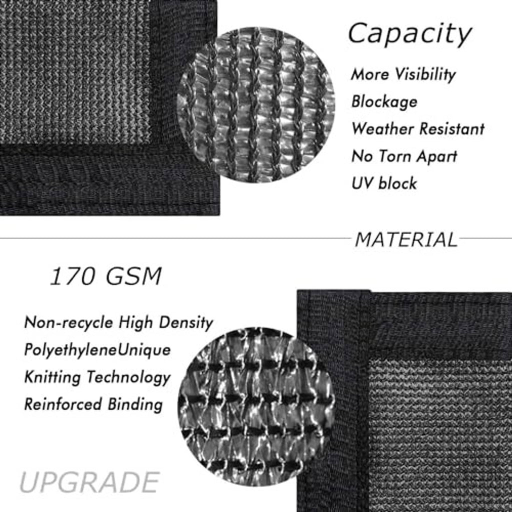 Heavy black woven fence screen fabric with reinforced binding and grommet holes