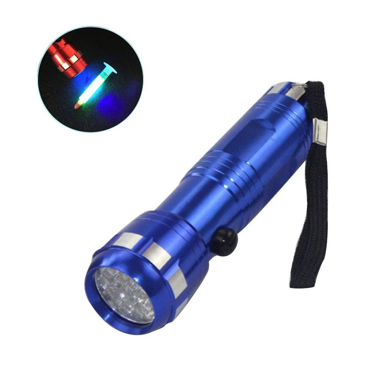 Blue UV leak detector flashlight with wrist strap and bright color-changing light head