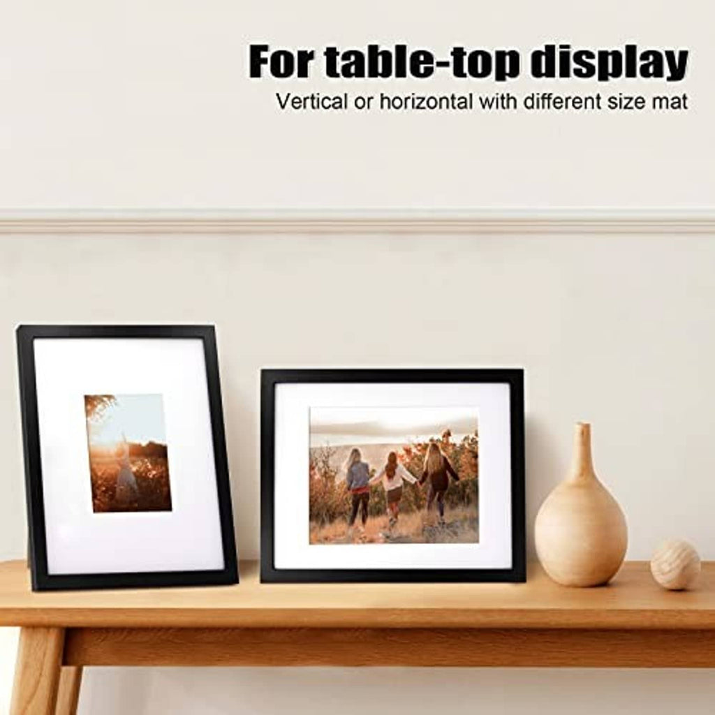 Black solid wood picture frame for table-top display, vertical or horizontal with mat